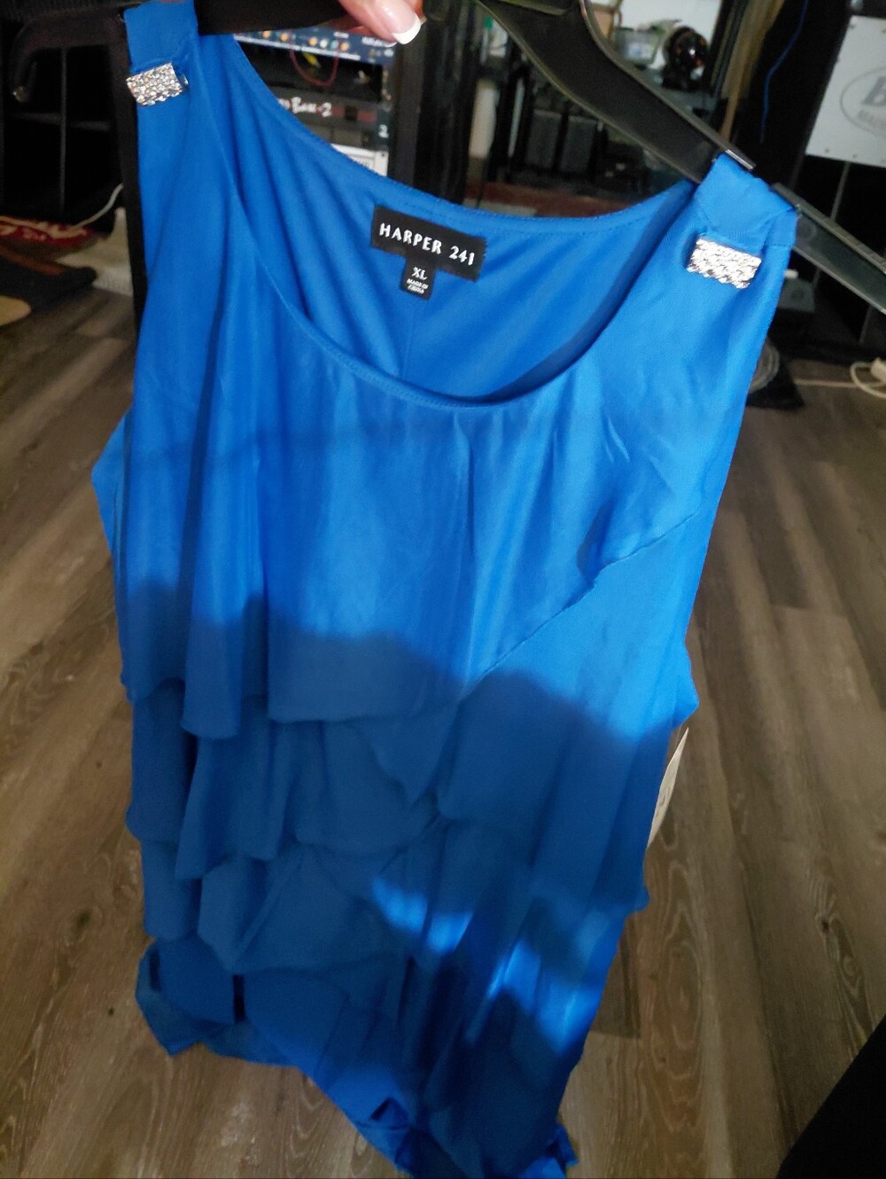 Harper Blue Tiered Ruffle Camisole with Rhinestone Straps